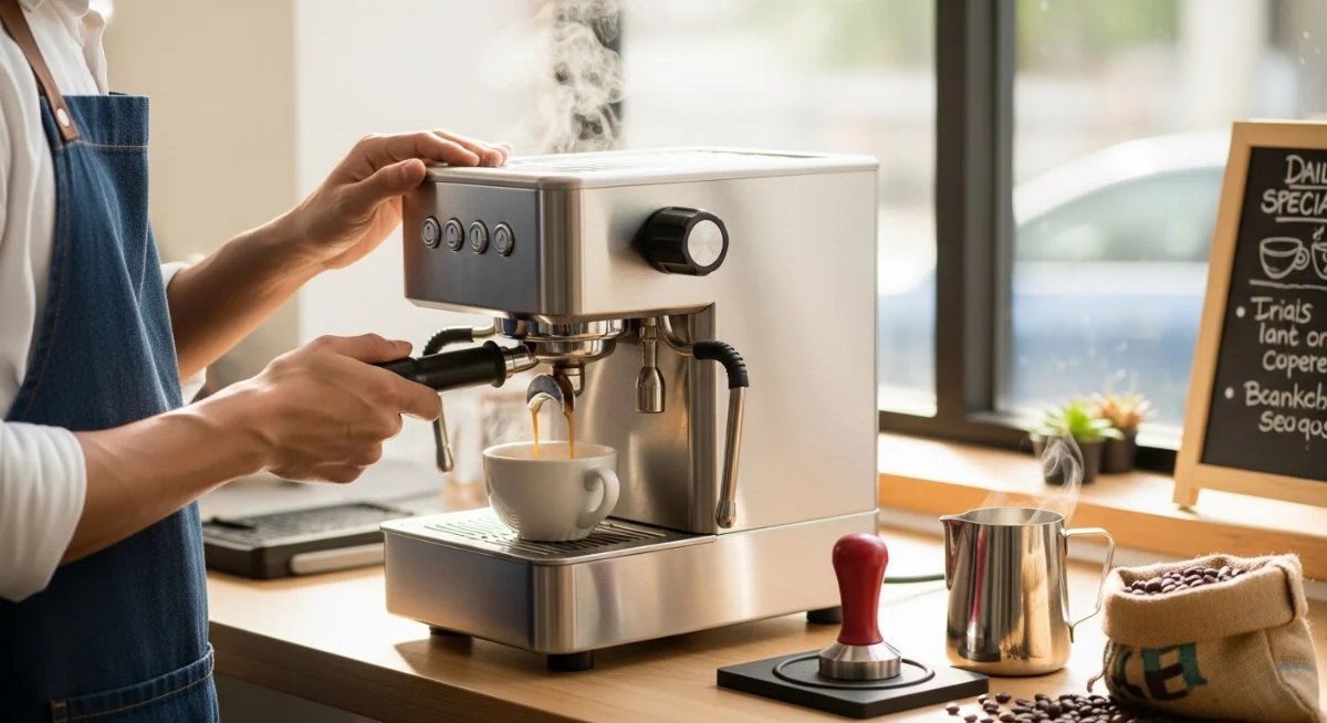 Chủ quán nhỏ đang pha cà phê bột với máy chuyên dụng cho quán