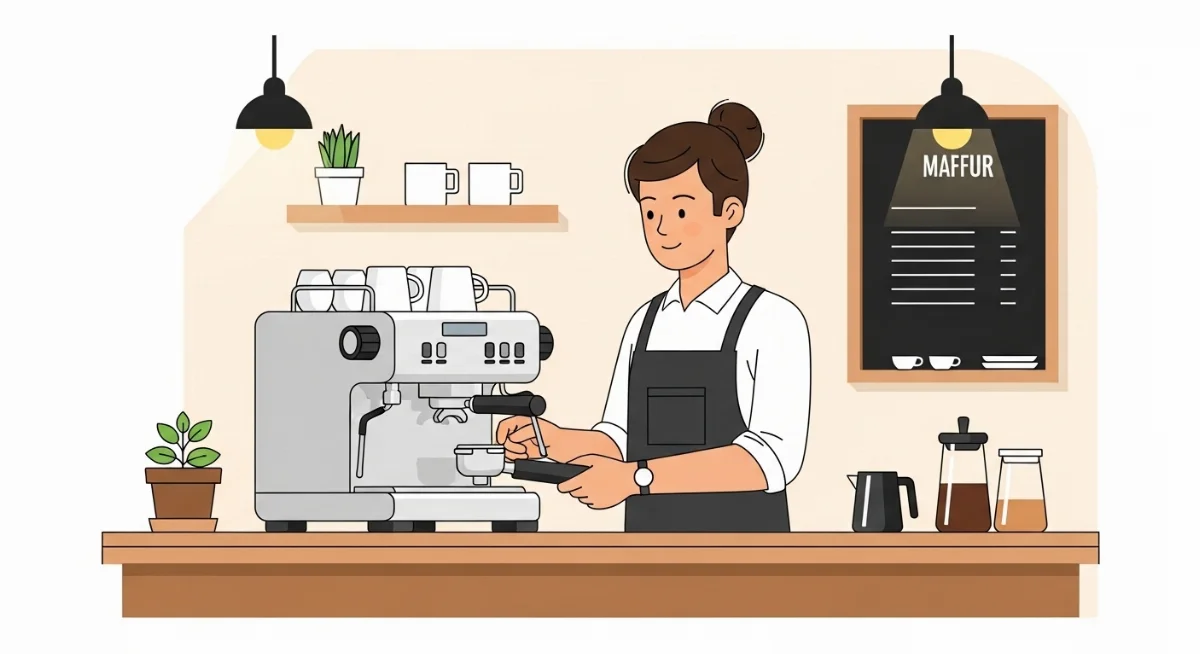 Barista đang pha cà phê espresso bằng máy với cà phê bột chuẩn vị