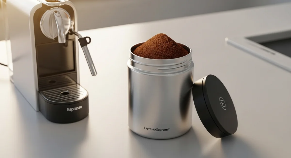 Ly cà phê espresso nóng hổi được pha từ máy tại văn phòng nhỏ