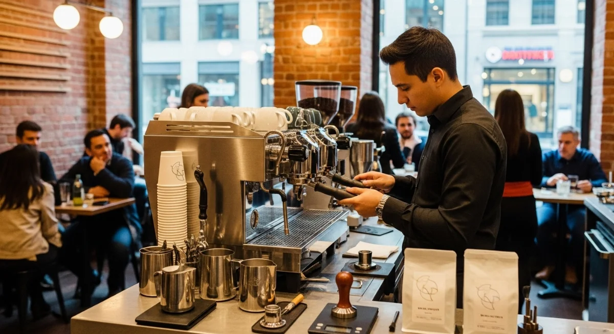 Barista chuyên nghiệp đang pha cà phê trên máy pha công suất lớn thương hiệu La Marzocco