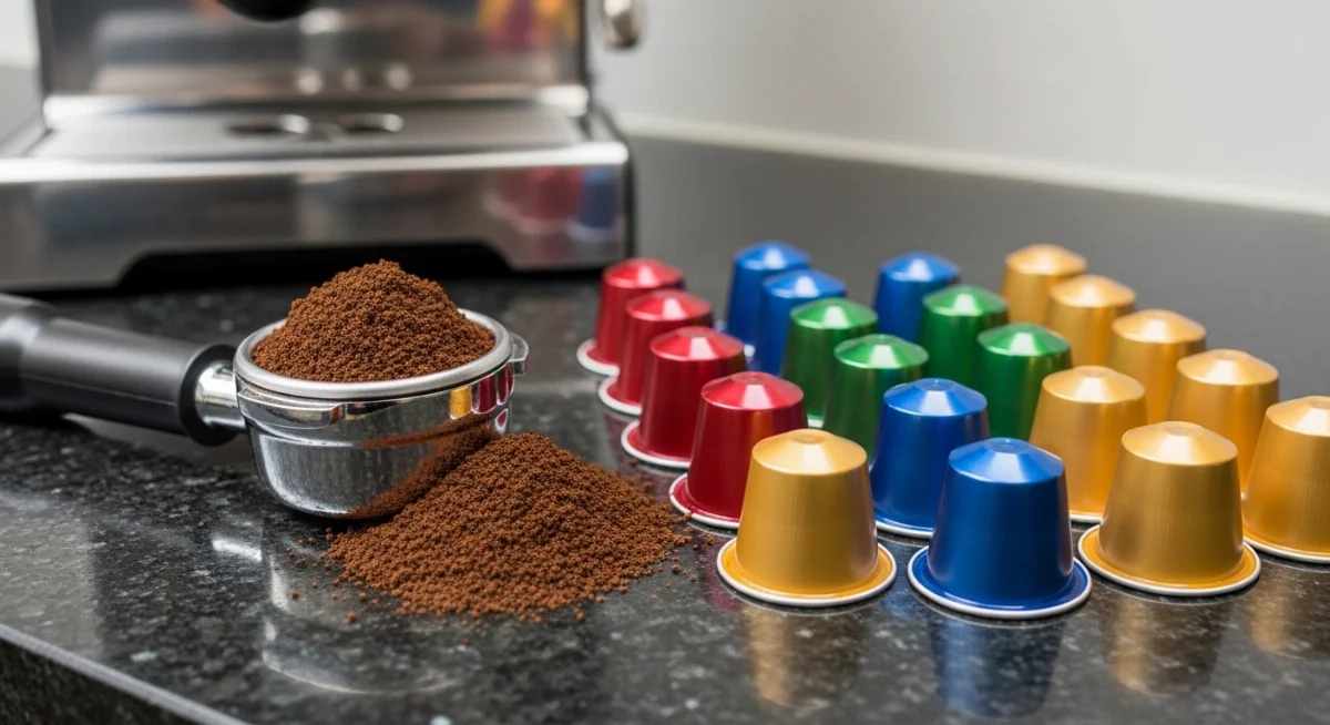 Cận cảnh so sánh cà phê bột pha máy và cà phê viên nén chất lượng cao