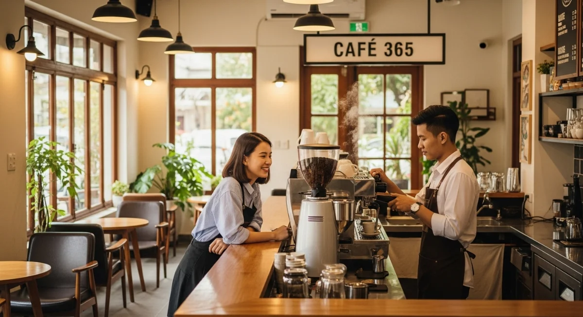 Kỹ thuật viên đang bàn giao máy pha cà phê sau khi lắp đặt và hướng dẫn sử dụng cho khách hàng