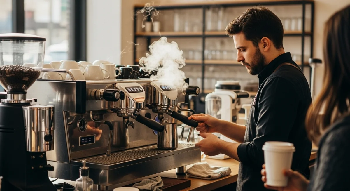 Hình ảnh một loạt các máy pha cà phê công nghiệp và bán chuyên dành cho quán cafe