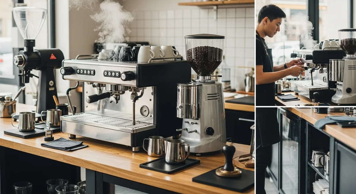 Hình ảnh một chiếc máy pha cà phê quán nhỏ với thiết kế hiện đại trên quầy bar