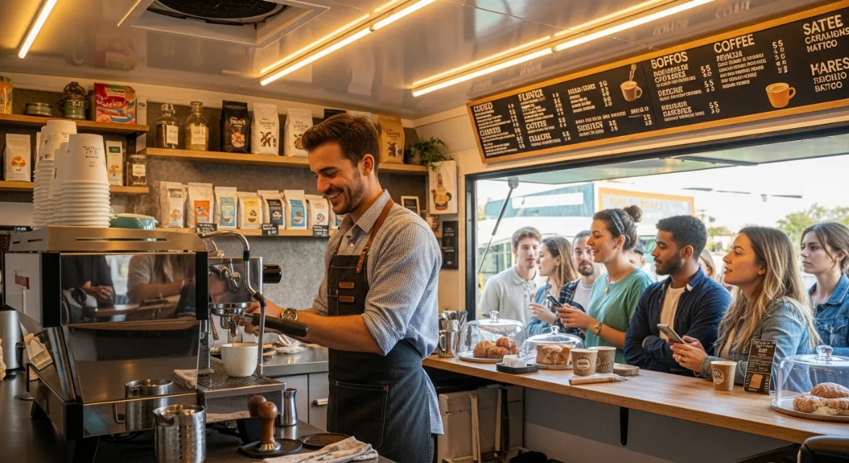 Hình ảnh một người thợ đang pha cà phê trên xe đẩy di động