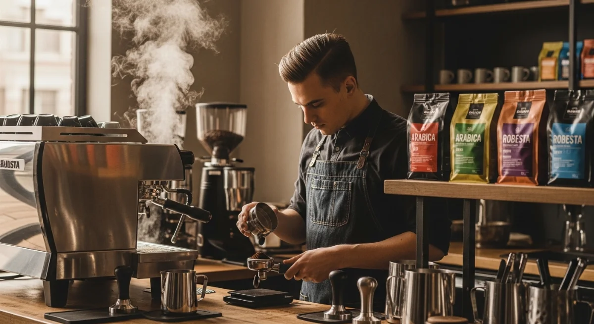 Barista đang điều chỉnh máy pha cà phê để chiết xuất cà phê hoàn hảo