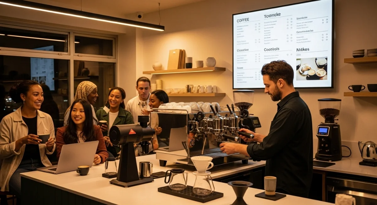 Barista đang pha chế cà phê trên máy pha cà phê nhỏ gọn, hiệu quả