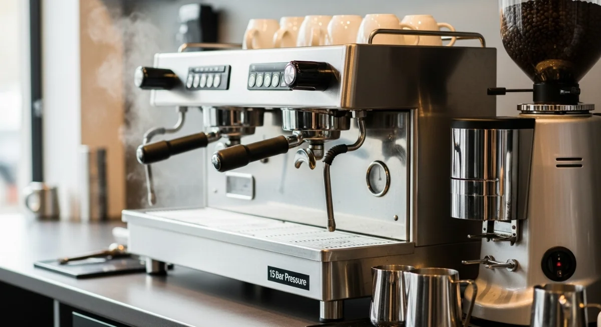 Hình ảnh máy pha cà phê chuyên nghiệp với đồng hồ áp suất hiển thị 9 bar