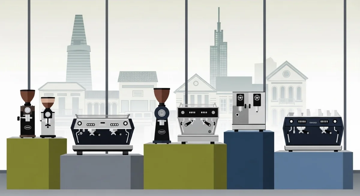 Góc trưng bày máy pha cà phê espresso đa dạng mẫu mã và thương hiệu cao cấp tại showroom